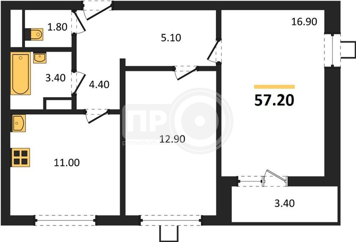 2-комнатная квартира, 57.2кв.м
