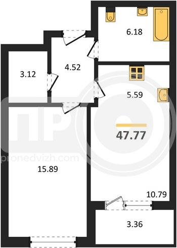 Миниатюра 1-комнатная квартира, 47.79кв.м
