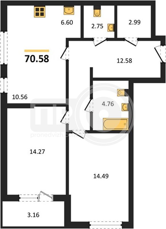 2-комнатная квартира, 70.58кв.м