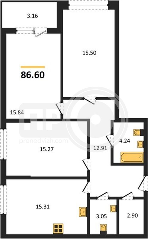 3-комнатная квартира, 86.6кв.м