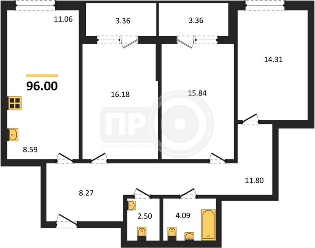 3-комнатная квартира, 96кв.м