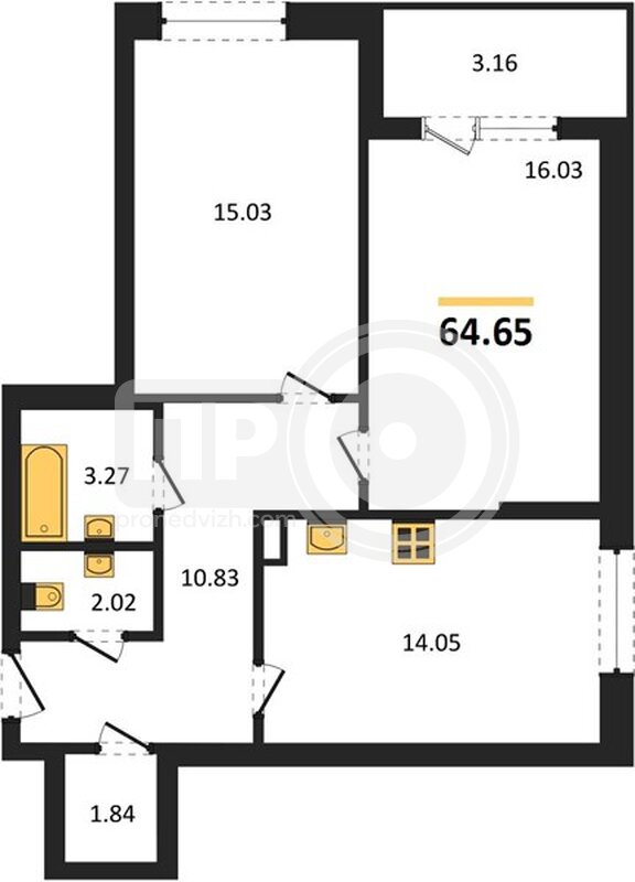 2-комнатная квартира, 64.65кв.м
