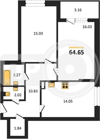 Миниатюра 2-комнатная квартира, 64.63кв.м