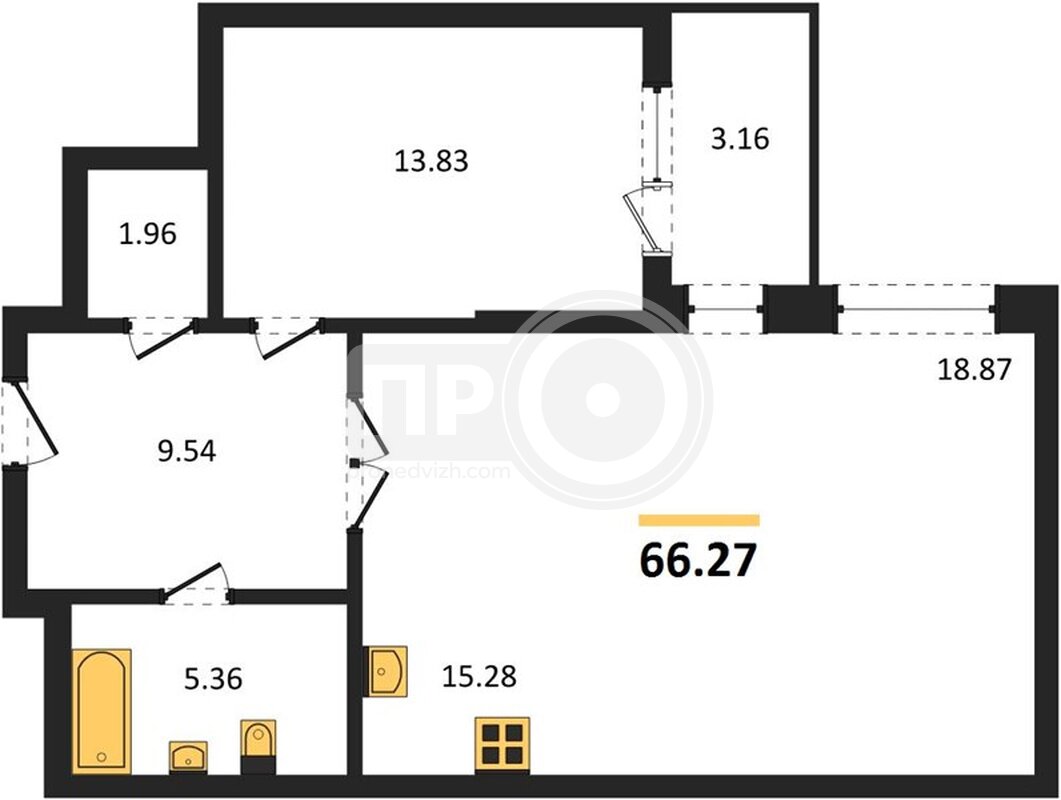 1-комнатная квартира, 66.27кв.м