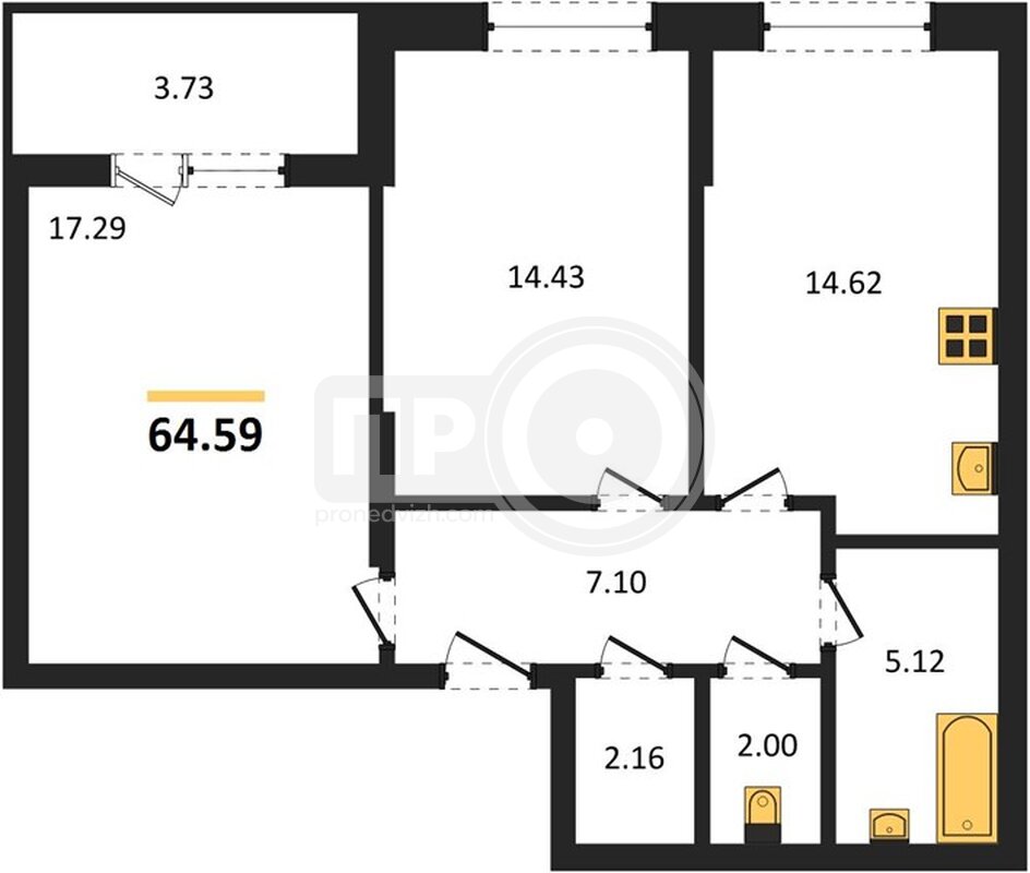 2-комнатная квартира, 64.59кв.м