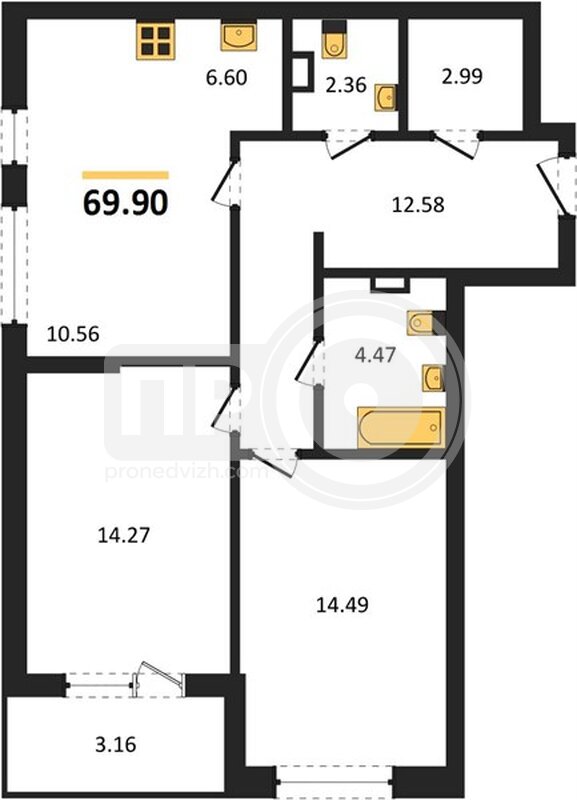 2-комнатная квартира, 69.9кв.м