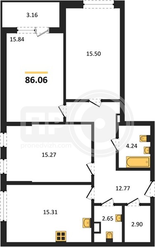 3-комнатная квартира, 86.06кв.м