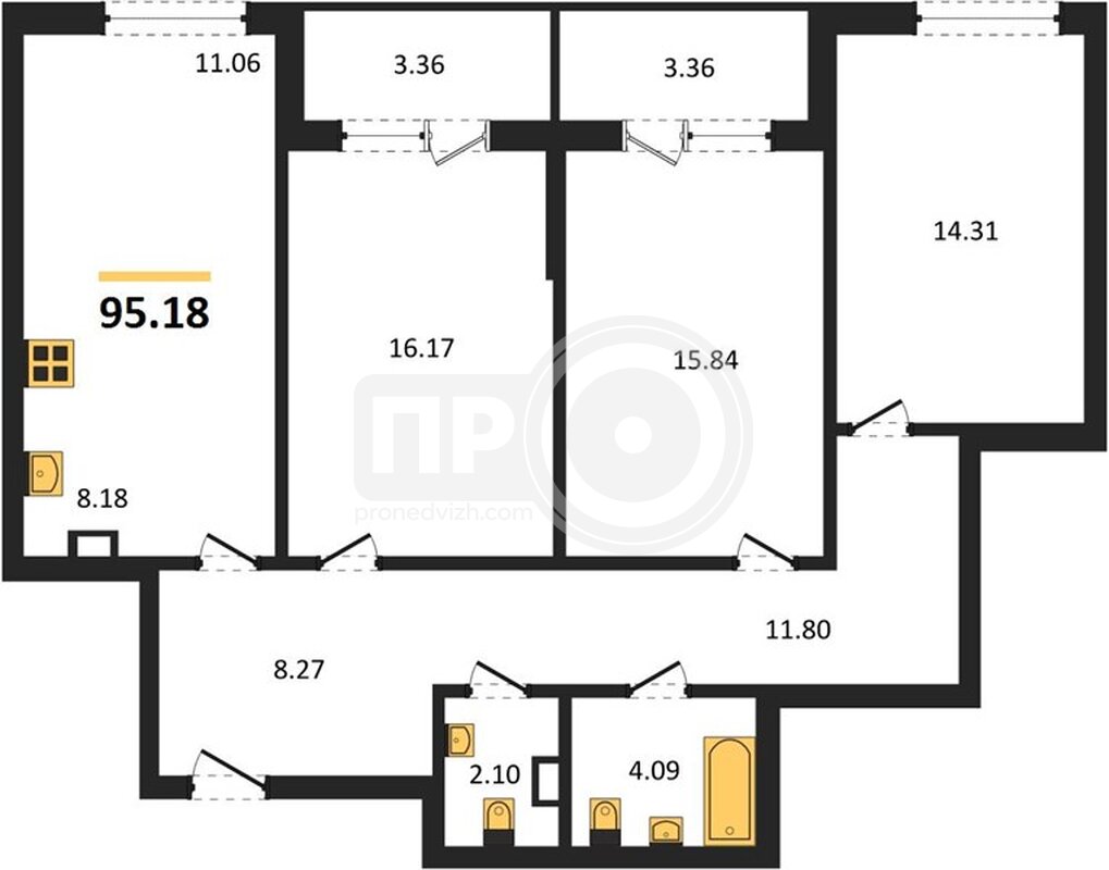3-комнатная квартира, 95.18кв.м