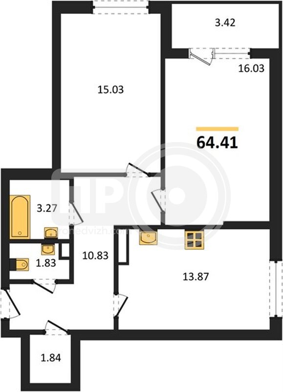2-комнатная квартира, 64.41кв.м
