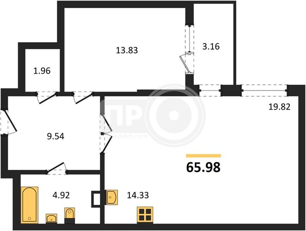 1-комнатная квартира, 65.98кв.м