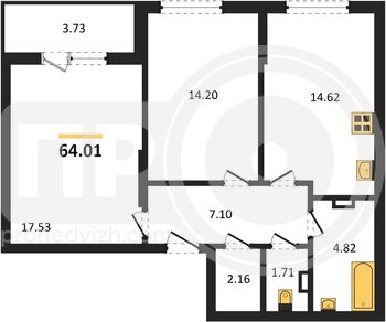 Миниатюра 2-комнатная квартира, 64.12кв.м
