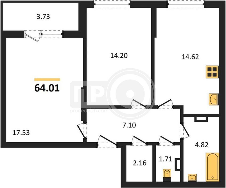2-комнатная квартира, 64.01кв.м