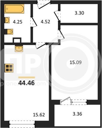 Миниатюра 1-комнатная квартира, 44.75кв.м