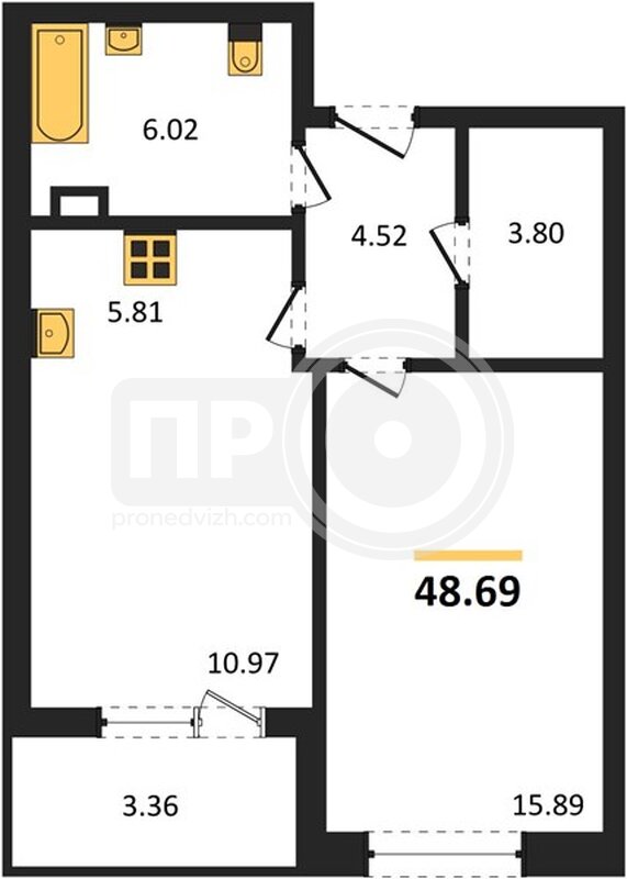1-комнатная квартира, 48.69кв.м