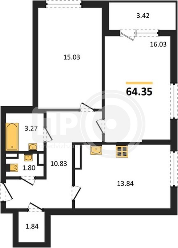 2-комнатная квартира, 64.35кв.м