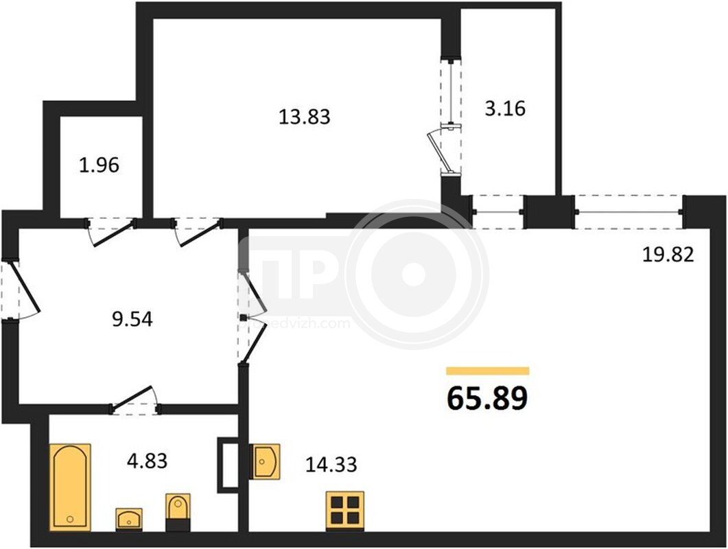 1-комнатная квартира, 65.89кв.м