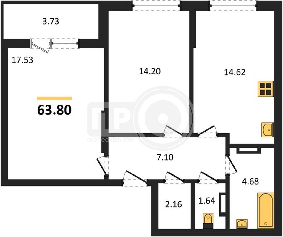 2-комнатная квартира, 63.8кв.м