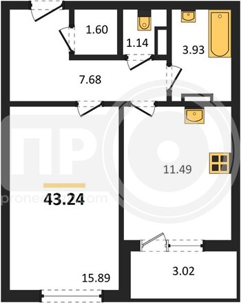 Миниатюра 1-комнатная квартира, 43.19кв.м
