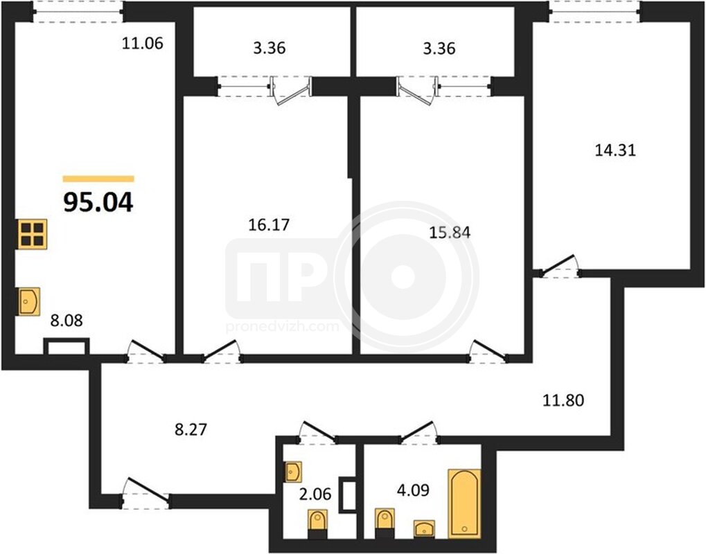 3-комнатная квартира, 95.04кв.м