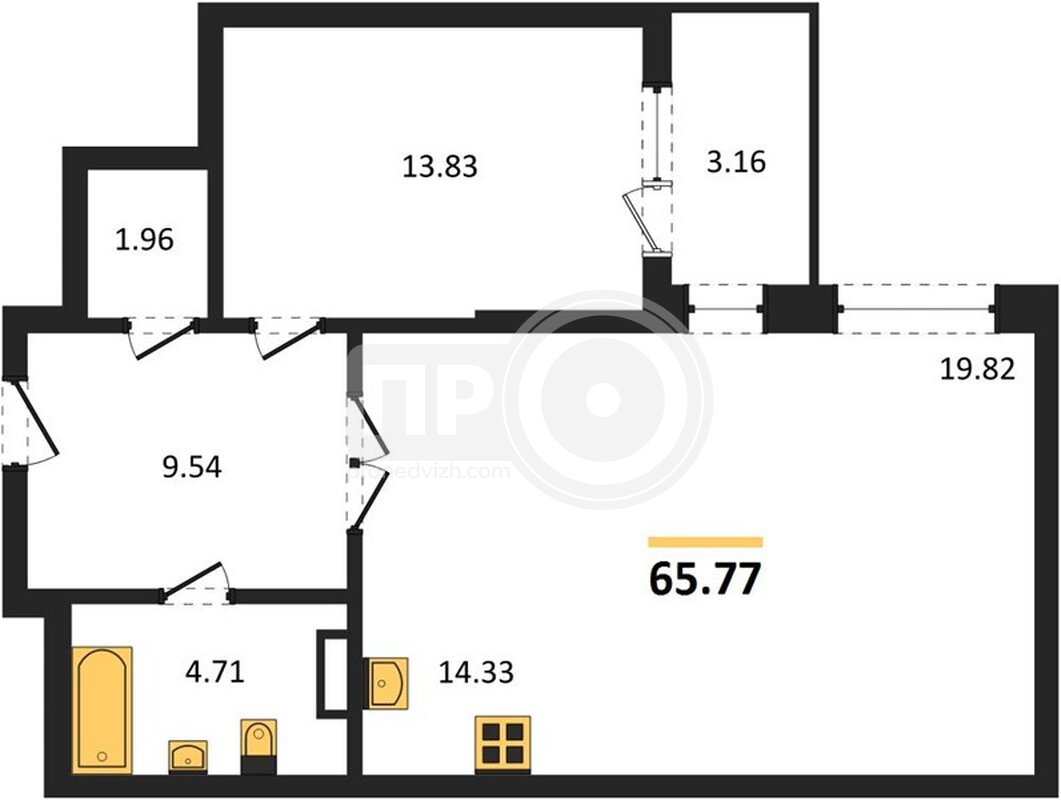 1-комнатная квартира, 65.77кв.м