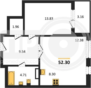 Миниатюра 1-комнатная квартира, 52.36кв.м