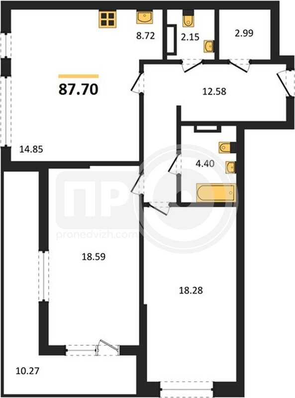 2-комнатная квартира, 87.7кв.м