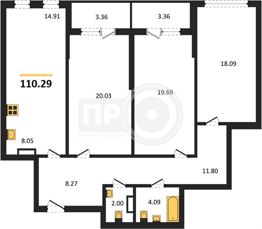 3-комнатная квартира, 110.29кв.м