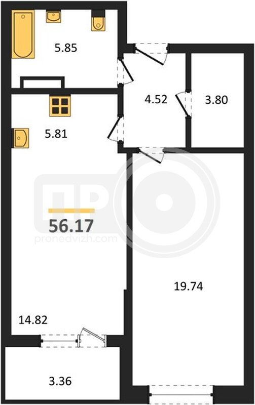 1-комнатная квартира, 56.17кв.м