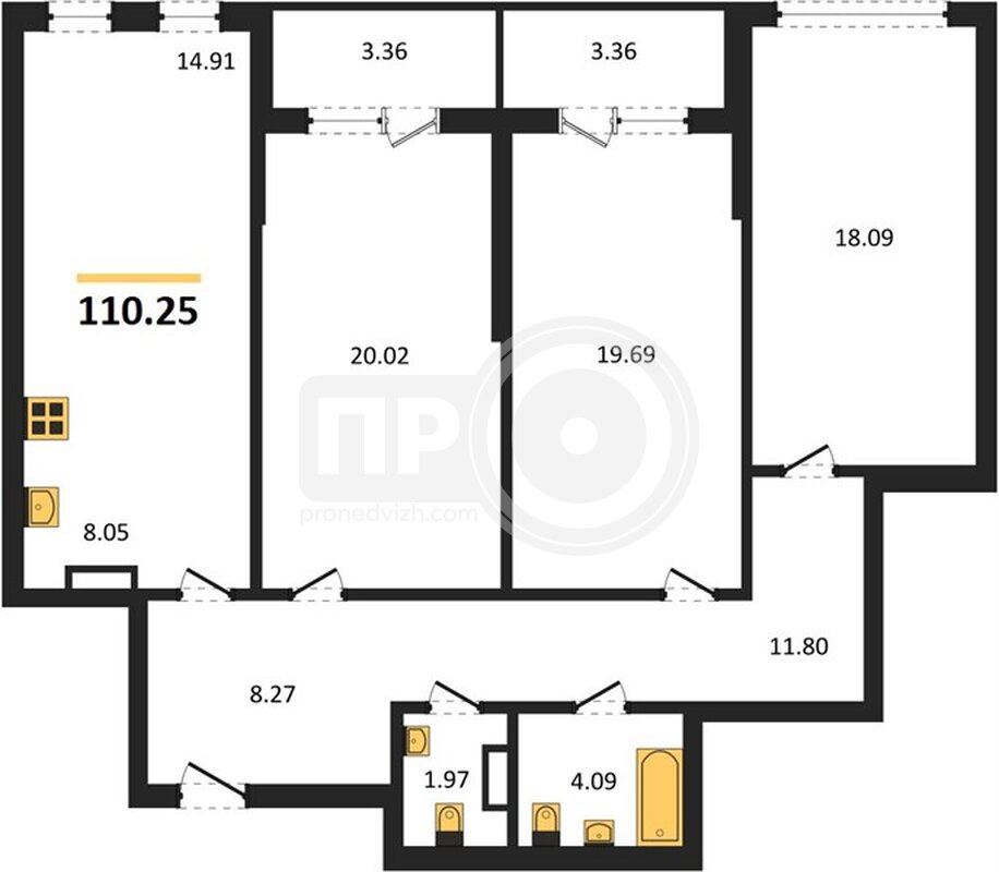 3-комнатная квартира, 110.25кв.м
