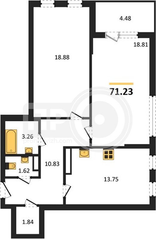2-комнатная квартира, 71.23кв.м
