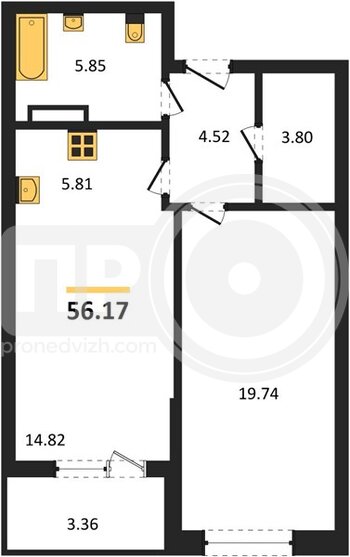 Миниатюра 1-комнатная квартира, 56.14кв.м