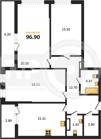 Миниатюра 3-комнатная квартира, 96.85кв.м