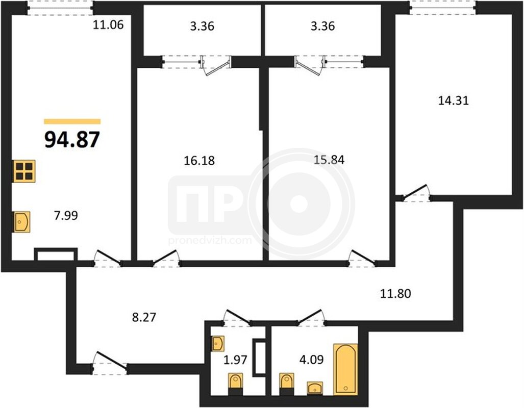 3-комнатная квартира, 94.87кв.м