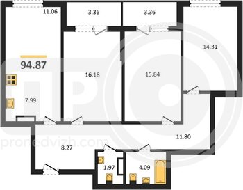 Миниатюра 3-комнатная квартира, 94.99кв.м