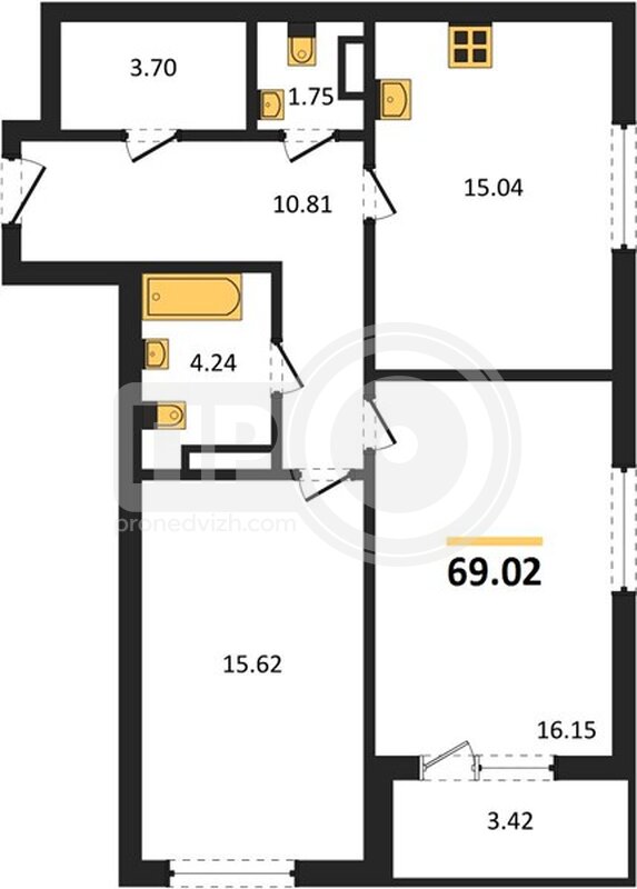 2-комнатная квартира, 69.02кв.м