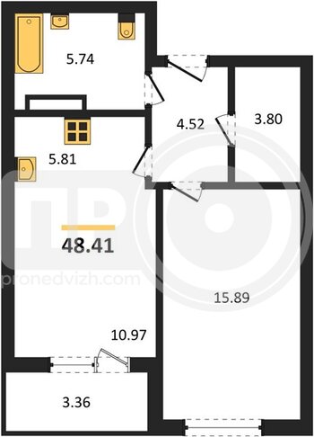 Миниатюра 1-комнатная квартира, 48.38кв.м