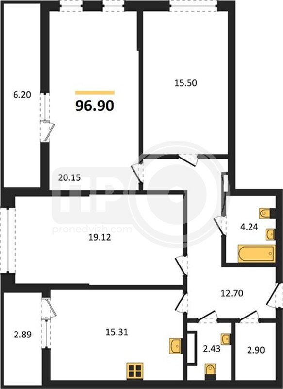 3-комнатная квартира, 96.9кв.м