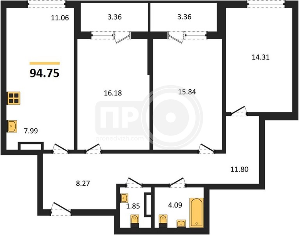 3-комнатная квартира, 94.75кв.м