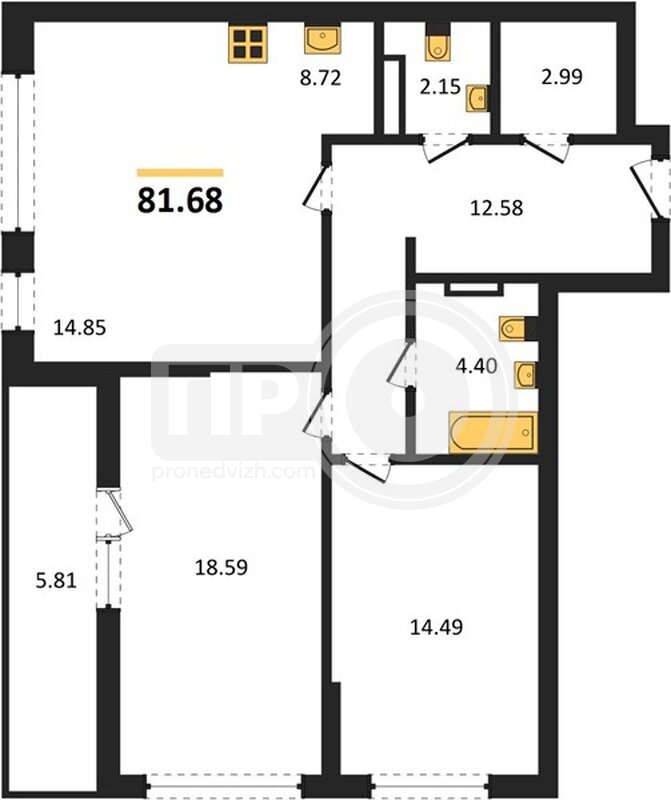 2-комнатная квартира, 81.68кв.м