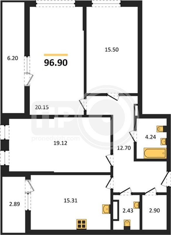 3-комнатная квартира, 96.9кв.м