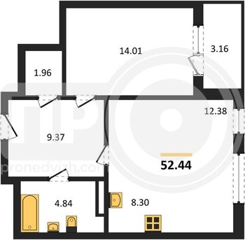 Миниатюра 1-комнатная квартира, 52.5кв.м