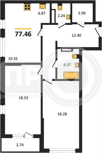 Миниатюра 2-комнатная квартира, 77.46кв.м
