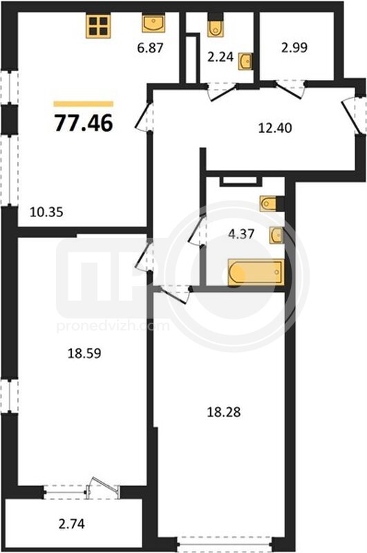 2-комнатная квартира, 77.46кв.м