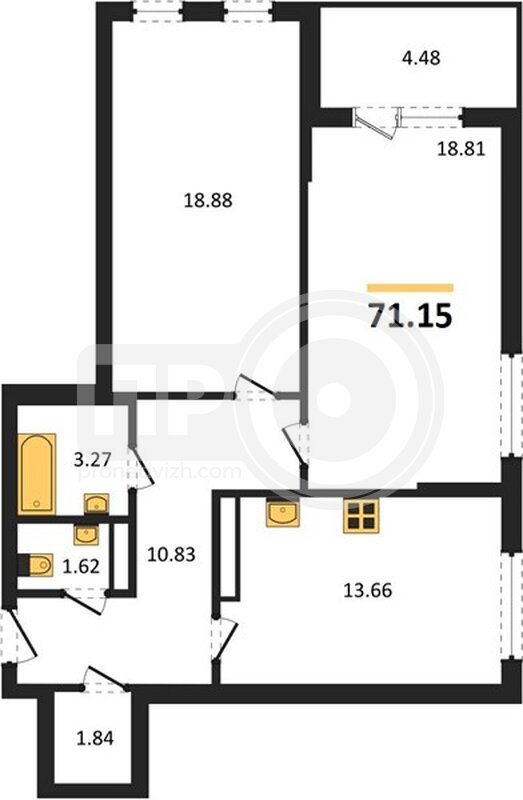 2-комнатная квартира, 71.15кв.м