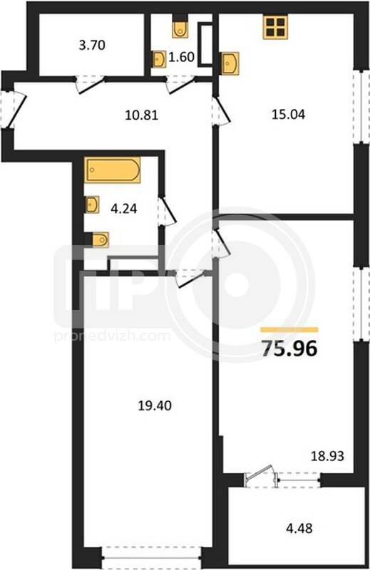 2-комнатная квартира, 75.96кв.м
