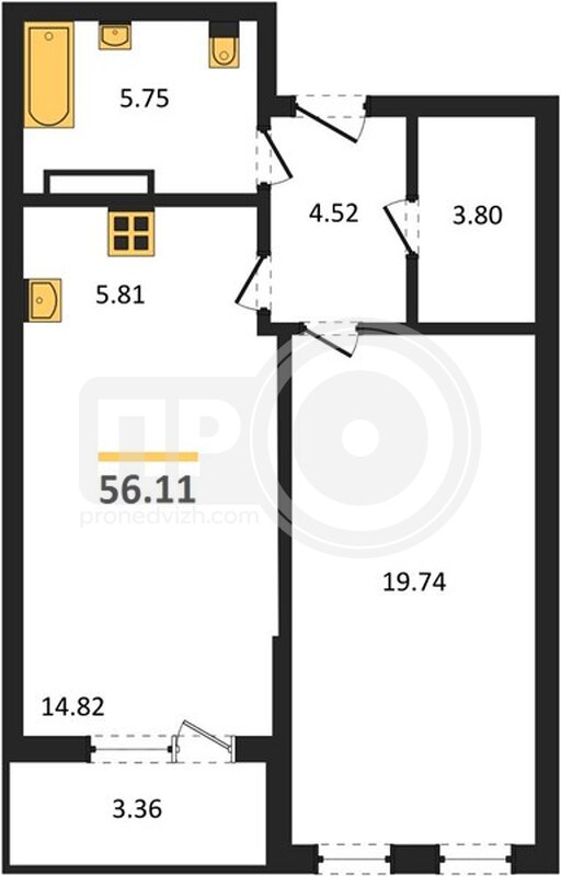 1-комнатная квартира, 56.11кв.м