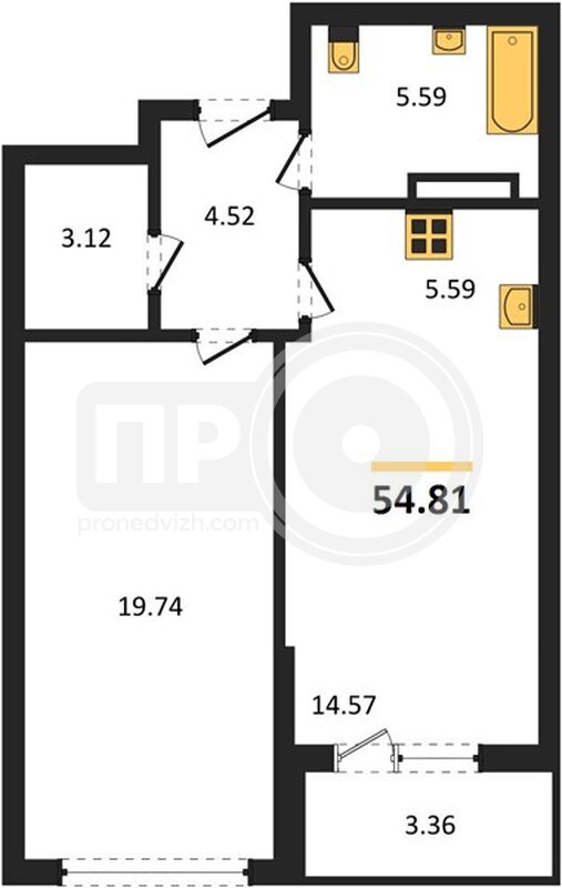 1-комнатная квартира, 54.81кв.м