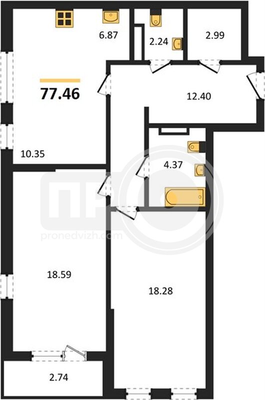 2-комнатная квартира, 77.46кв.м