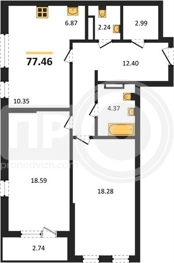 Миниатюра 2-комнатная квартира, 77.46кв.м