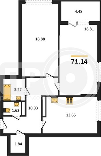 Миниатюра 2-комнатная квартира, 71.09кв.м